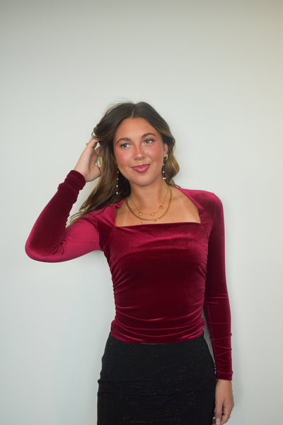 Red Velvet Long Sleeve Top-110 - TOPS - LONG SLEEVE-EDGEMINE-[option4]-[option5]-[option6]-Leather & Lace Boutique Shop