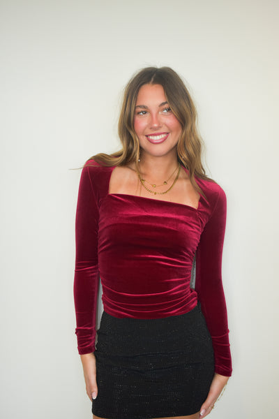 Red Velvet Long Sleeve Top-110 - TOPS - LONG SLEEVE-EDGEMINE-[option4]-[option5]-[option6]-Leather & Lace Boutique Shop