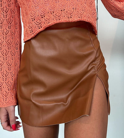 Cognac Side Split Leather Skirt-160 - BOTTOMS - OTHER-HAUTE MONDE-[option4]-[option5]-[option6]-Leather & Lace Boutique Shop