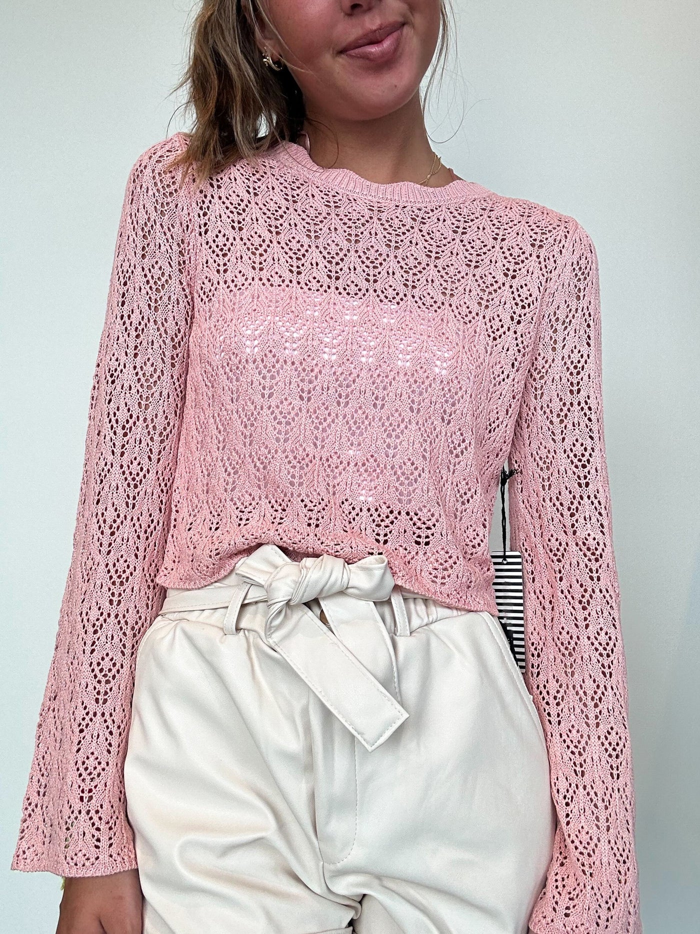 Summer Knit Cropped Long Sleeve- Blush-130 - TOPS - SWEATERS/SWEATSHIRTS-HAUTE MONDE-[option4]-[option5]-[option6]-Leather & Lace Boutique Shop