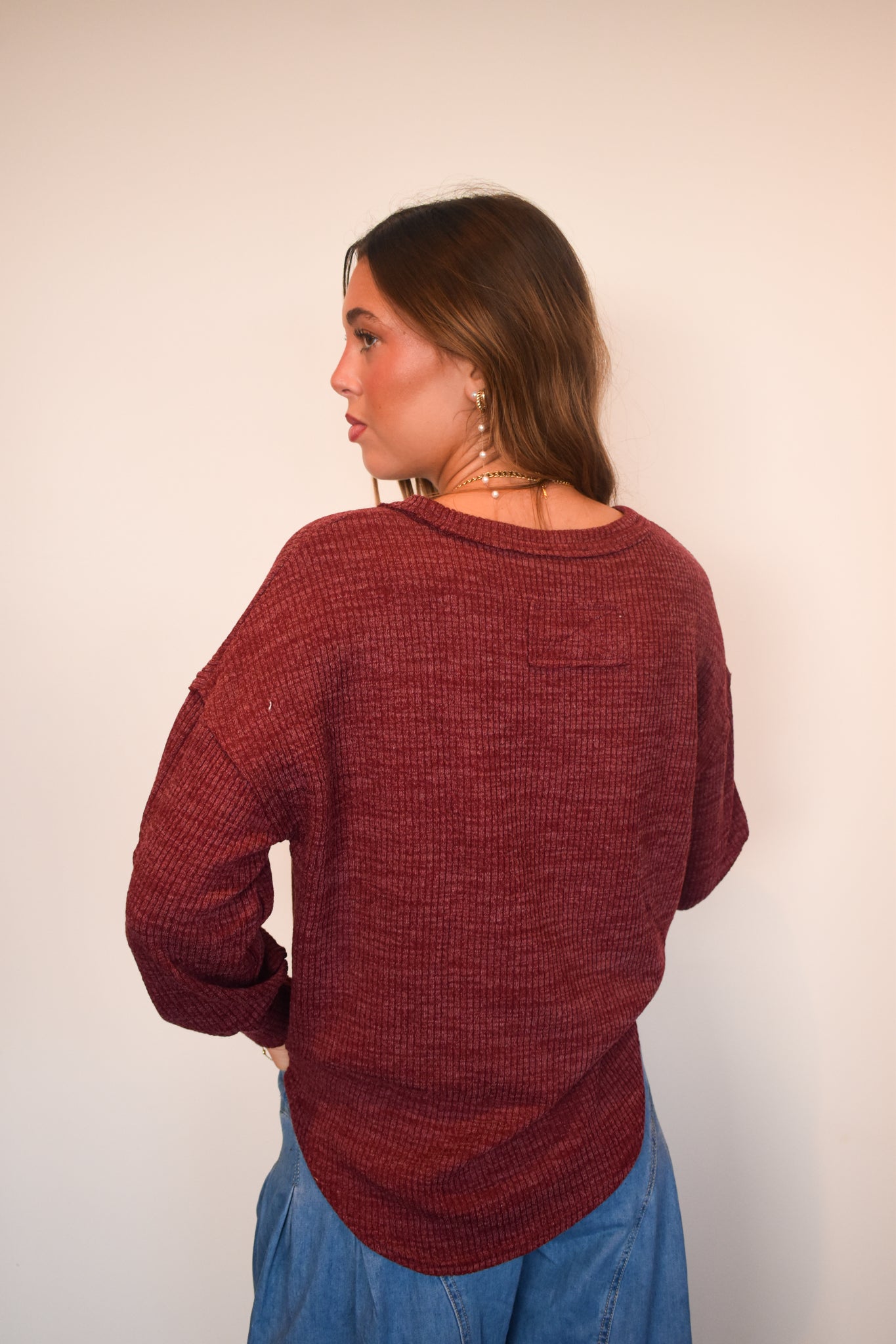 Cassidy Ribbed Knit Top- Maroon-110 - TOPS - LONG SLEEVE-EDGEMINE-[option4]-[option5]-[option6]-Leather & Lace Boutique Shop