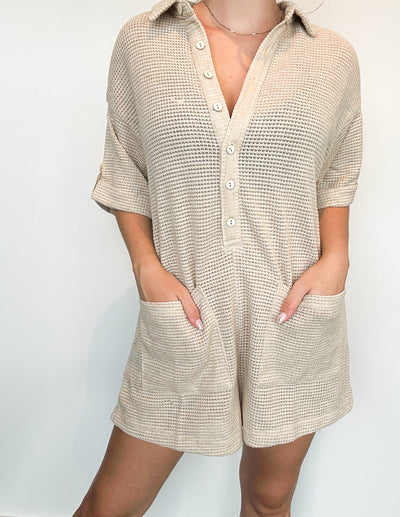 Waffle Button Down Romper-170 - ROMPERS-ILLA ILLA-[option4]-[option5]-[option6]-Leather & Lace Boutique Shop