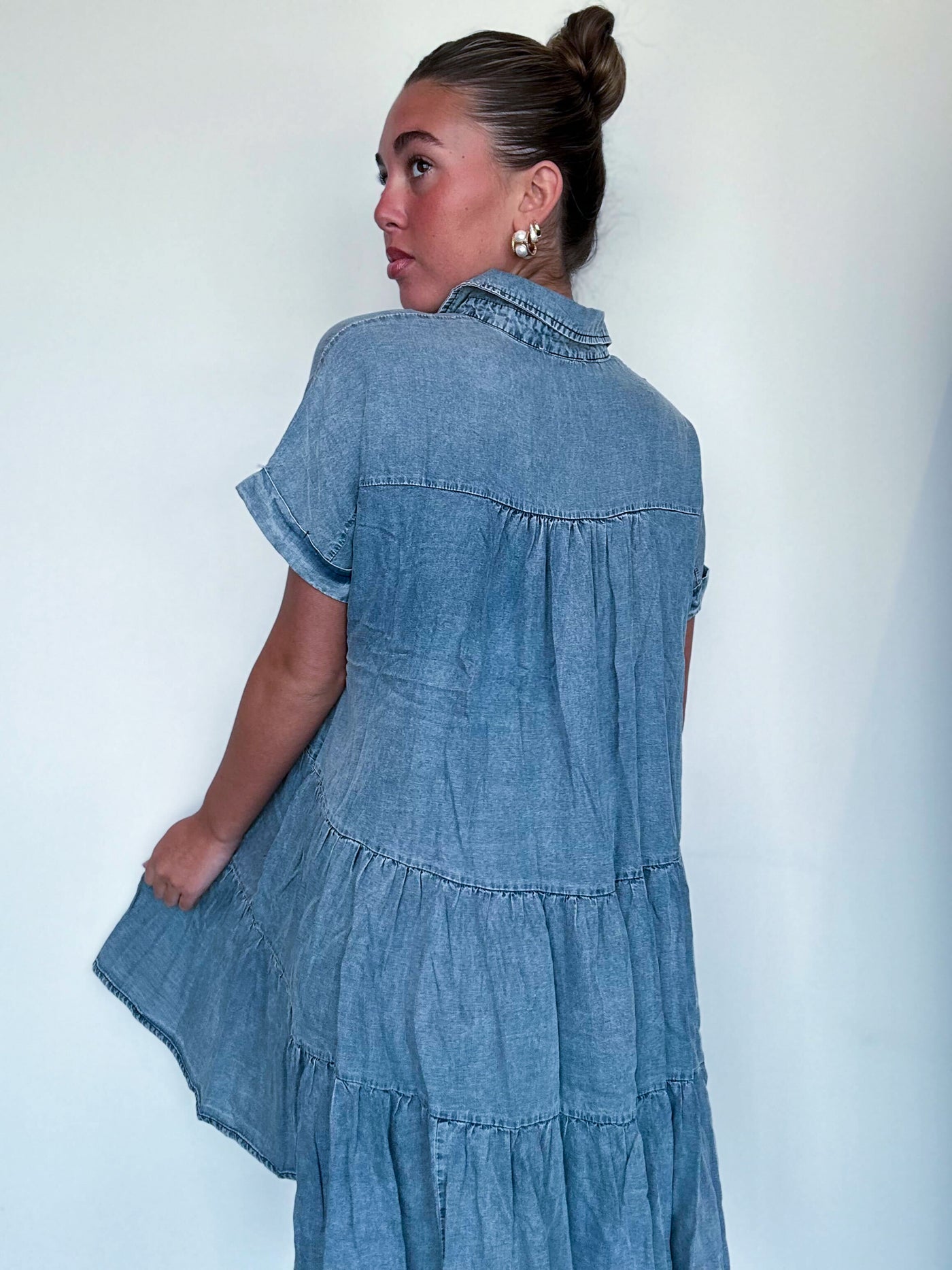 Aspen Denim Ruffle Dress-170 - DRESSES-SHE + SKY-[option4]-[option5]-[option6]-Leather & Lace Boutique Shop