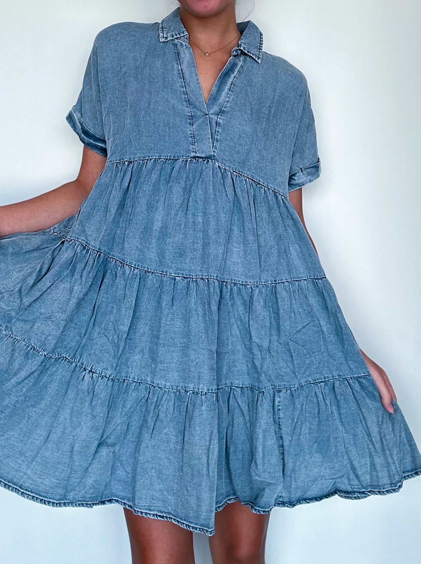 Aspen Denim Ruffle Dress-170 - DRESSES-SHE + SKY-[option4]-[option5]-[option6]-Leather & Lace Boutique Shop