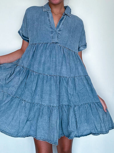 Aspen Denim Ruffle Dress-170 - DRESSES-SHE + SKY-[option4]-[option5]-[option6]-Leather & Lace Boutique Shop