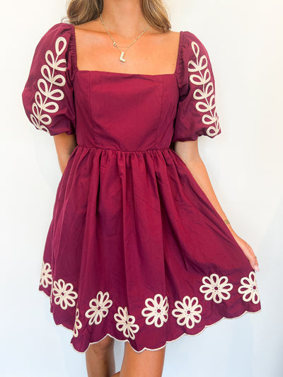 Maroon Embroidered Mini Dress-170 - DRESSES-SHE + SKY-[option4]-[option5]-[option6]-Leather & Lace Boutique Shop