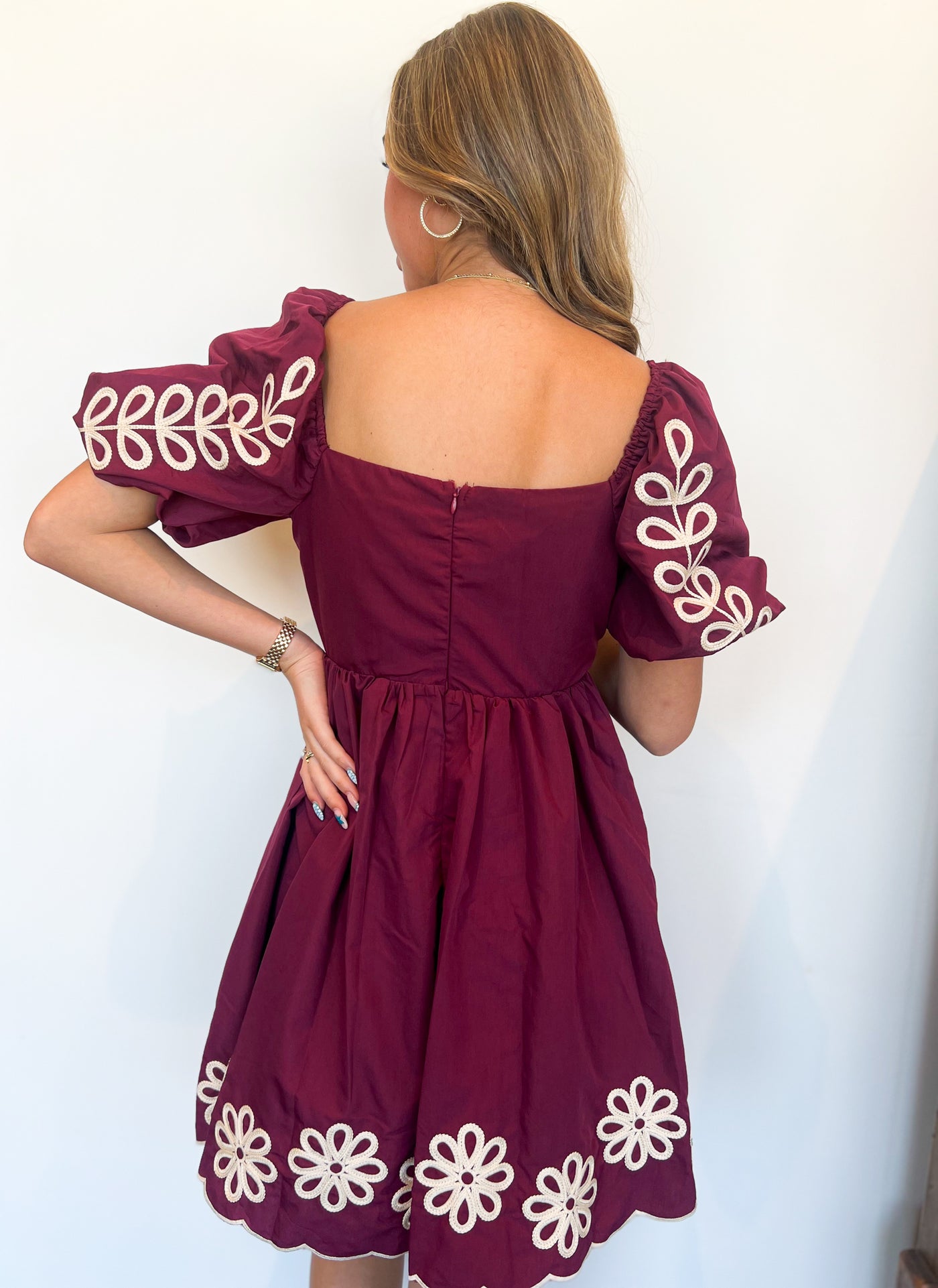 Maroon Embroidered Mini Dress-170 - DRESSES-SHE + SKY-[option4]-[option5]-[option6]-Leather & Lace Boutique Shop