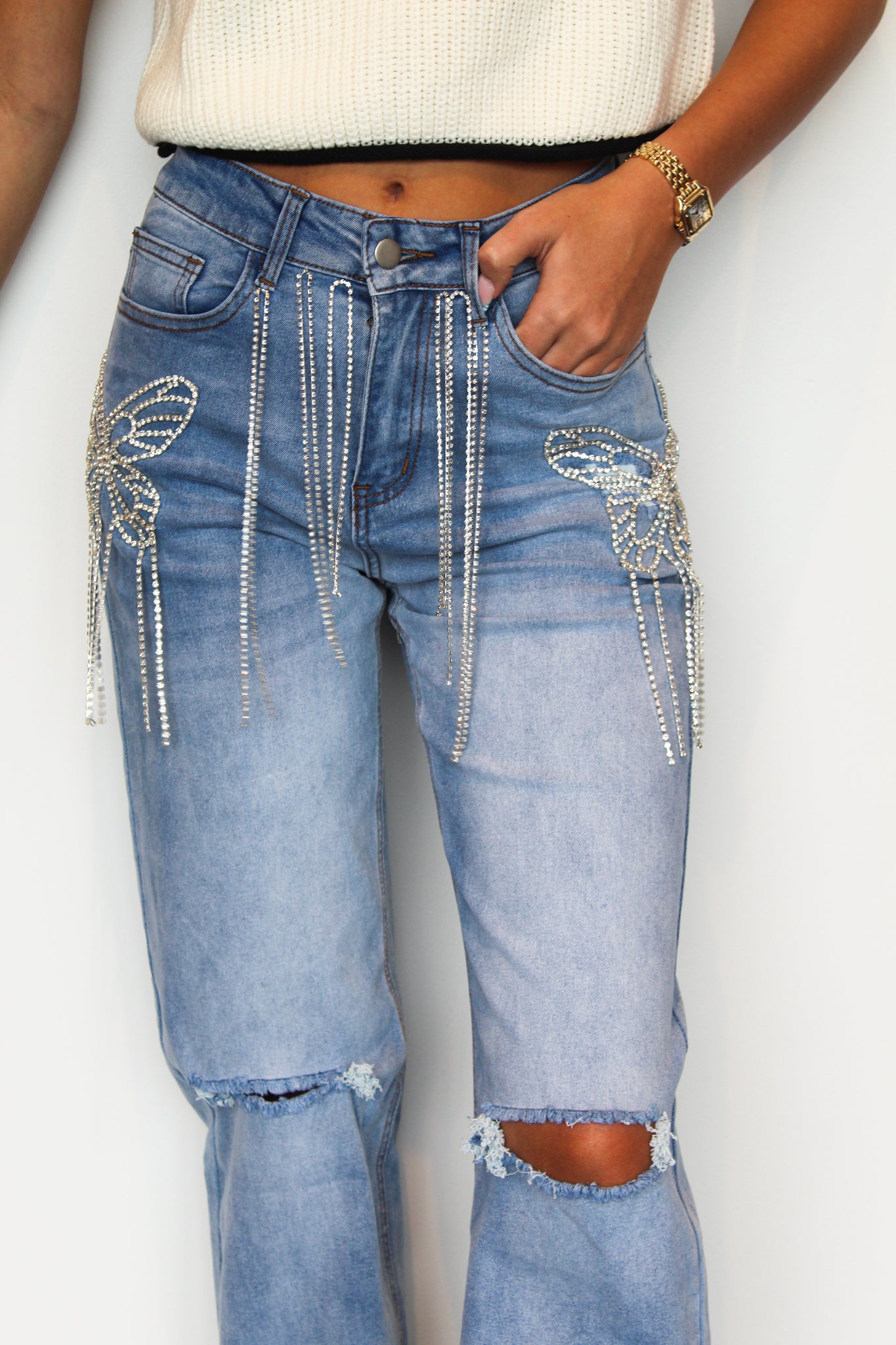 Butterfly Rhinestone Denim-150 - BOTTOMS - DENIM-HOT+DELICIOUS-[option4]-[option5]-[option6]-Leather & Lace Boutique Shop