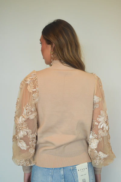 Floral Applique Balloon Shoulder Top-110 - TOPS - LONG SLEEVE-JODIFL-[option4]-[option5]-[option6]-Leather & Lace Boutique Shop