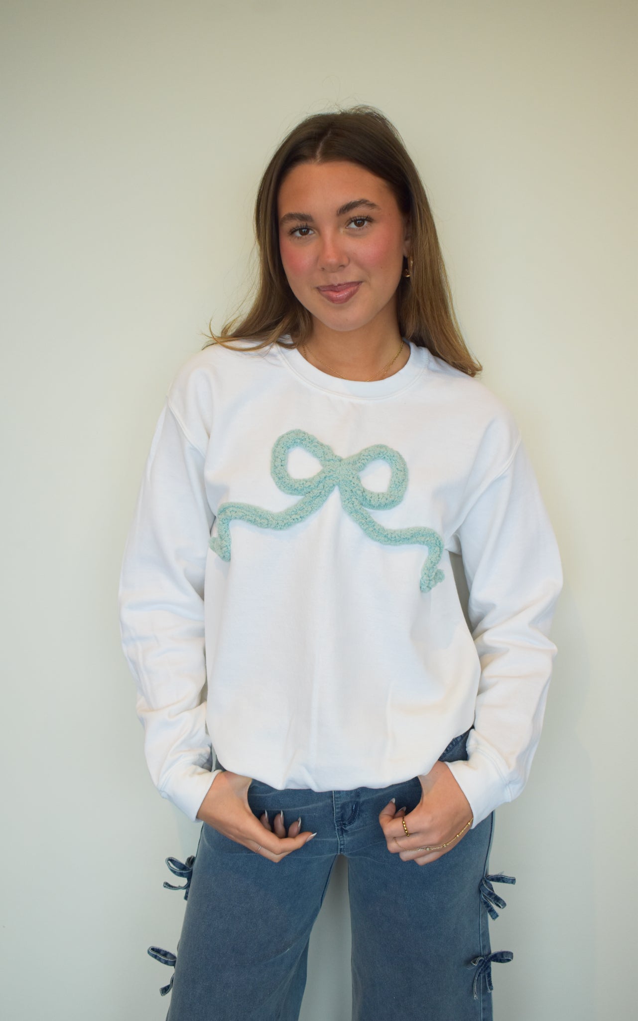 Bow Embroidered Sweatshirt- Teal-130 - TOPS - SWEATERS/SWEATSHIRTS-LEATHER & LACE-[option4]-[option5]-[option6]-Leather & Lace Boutique Shop