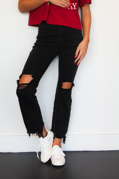 High Rise Crop Straight Denim- Black-150 - BOTTOMS - DENIM-RISEN JEANS-[option4]-[option5]-[option6]-Leather & Lace Boutique Shop