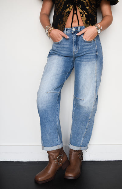 Medium Wash Barrel Denim-150 - BOTTOMS - DENIM-RISEN-[option4]-[option5]-[option6]-Leather & Lace Boutique Shop