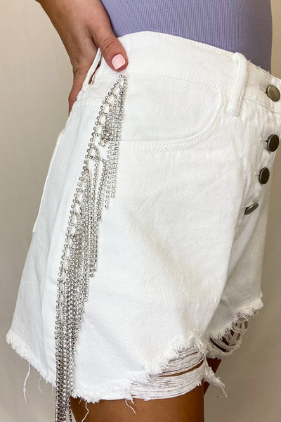 Rhinestone Fringe Denim Shorts - Ivory-150 - BOTTOMS - DENIM-ANDREE-[option4]-[option5]-[option6]-Leather & Lace Boutique Shop